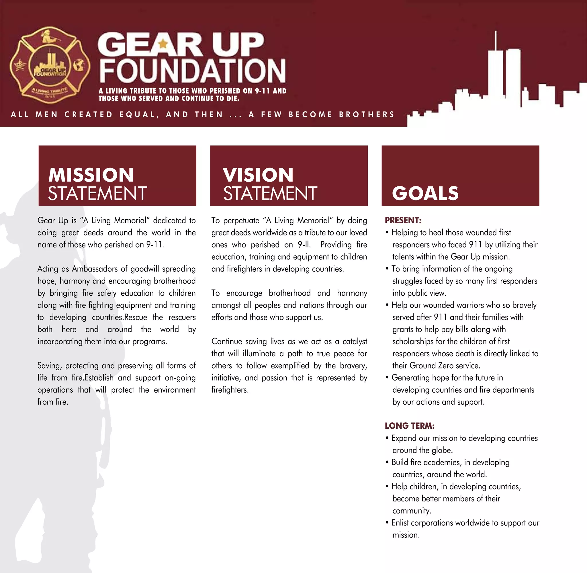 A LIVING TRIBUTE TO THOSE WHO PERISHED ON 9-11 AND
                     THOSE WHO SERVED AND CONTINUE TO DIE.

ALL MEN CREATED EQUAL, AND THEN ... A FEW BECOME BROTHERS




      MISSION                                           VISION
      STATEMENT                                         STATEMENT                                        GOALS
   Gear Up is “A Living Memorial” dedicated to       To perpetuate “A Living Memorial” by doing        PRESENT:
   doing great deeds around the world in the         great deeds worldwide as a tribute to our loved   • Helping to heal those wounded first
   name of those who perished on 9-11.               ones who perished on 9-ll. Providing fire           responders who faced 911 by utilizing their
                                                     education, training and equipment to children       talents within the Gear Up mission.
   Acting as Ambassadors of goodwill spreading       and firefighters in developing countries.         • To bring information of the ongoing
   hope, harmony and encouraging brotherhood                                                             struggles faced by so many first responders
   by bringing fire safety education to children     To encourage brotherhood and harmony                into public view.
   along with fire fighting equipment and training   amongst all peoples and nations through our       • Help our wounded warriors who so bravely
   to developing countries.Rescue the rescuers       efforts and those who support us.                   served after 911 and their families with
   both here and around the world by                                                                     grants to help pay bills along with
   incorporating them into our programs.             Continue saving lives as we act as a catalyst       scholarships for the children of first
                                                     that will illuminate a path to true peace for       responders whose death is directly linked to
   Saving, protecting and preserving all forms of    others to follow exemplified by the bravery,        their Ground Zero service.
   life from fire.Establish and support on-going     initiative, and passion that is represented by    • Generating hope for the future in
   operations that will protect the environment      firefighters.                                       developing countries and fire departments
   from fire.                                                                                            by our actions and support.

                                                                                                       LONG TERM:
                                                                                                       • Expand our mission to developing countries
                                                                                                         around the globe.
                                                                                                       • Build fire academies, in developing
                                                                                                         countries, around the world.
                                                                                                       • Help children, in developing countries,
                                                                                                         become better members of their
                                                                                                         community.
                                                                                                       • Enlist corporations worldwide to support our
                                                                                                         mission.
 