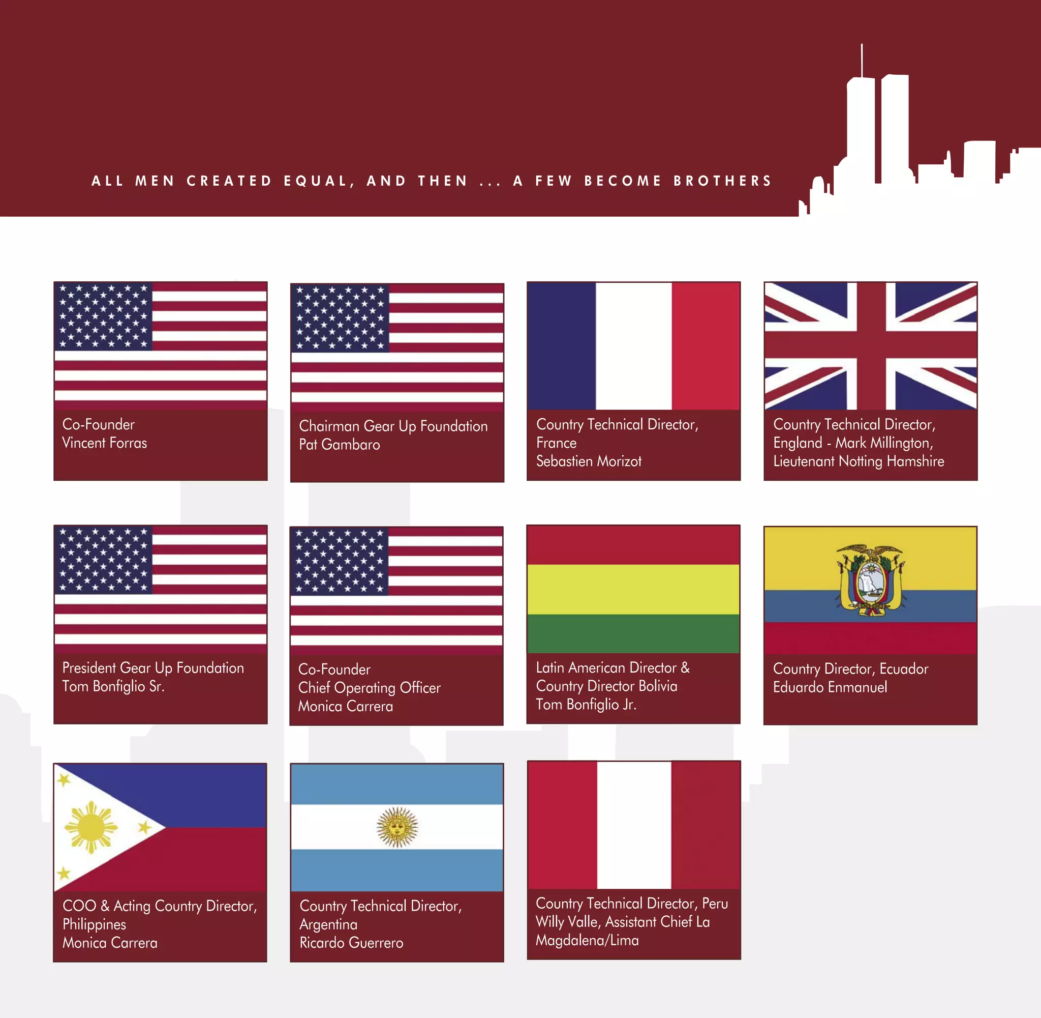 ALL MEN CREATED EQUAL, AND THEN ... A FEW BECOME BROTHERS




                               Chairman Gear Up Foundation
                               Pat Gambaro                   France




President Gear Up Foundation                                 Latin American Director &

                               Monica Carrera




Monica Carrera                 Ricardo Guerrero
 