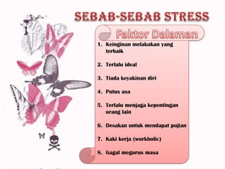 1. Keinginan melakukan yang
   terbaik

2. Terlalu ideal

3. Tiada keyakinan diri

4. Putus asa

5. Terlalu menjaga kepentingan
   orang lain

6. Desakan untuk mendapat pujian

7. Kaki kerja (workholic)

8. Gagal megurus masa
 