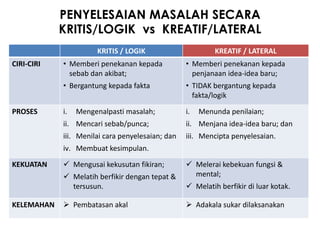 PENYELESAIAN MASALAH SECARA
            KRITIS/LOGIK vs KREATIF/LATERAL
                      KRITIS / LOGIK                       KREATIF / LATERAL
CIRI-CIRI   • Memberi penekanan kepada            • Memberi penekanan kepada
              sebab dan akibat;                     penjanaan idea-idea baru;
            • Bergantung kepada fakta             • TIDAK bergantung kepada
                                                    fakta/logik

PROSES      i.   Mengenalpasti masalah;           i.   Menunda penilaian;
            ii. Mencari sebab/punca;              ii. Menjana idea-idea baru; dan
            iii. Menilai cara penyelesaian; dan   iii. Mencipta penyelesaian.
            iv. Membuat kesimpulan.

KEKUATAN     Mengusai kekusutan fikiran;          Melerai kebekuan fungsi &
             Melatih berfikir dengan tepat &       mental;
              tersusun.                            Melatih berfikir di luar kotak.

KELEMAHAN    Pembatasan akal                      Adakala sukar dilaksanakan
 