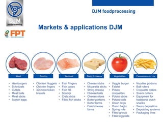 • Hamburgers
• Schnitzels
• Cutlets
• Meat balls
• Meat sticks
• Scotch eggs
• Chicken Nuggets
• Chicken fingers
• 3D minichicken
breasts
• Fish Fingers
• Fish cakes
• Fish filé
• Scampi
• Crab sticks
• Filled fish sticks
• Cheese sticks
• Mozarella sticks
• String cheese
• Cheese balls
• Cheese slices
• Butter portions
• Butter forms
• Fried cheese
forms
• Noodles portions
• Ball rollers
• Croquette rollers
• Snack cutters
• Equipment for
traditional dutch
snacks
• Sauce depositors
• Depositing systems
• Packaging lines
• Veggie burger
• Falafel
• Potato
croquettes
• Potato sticks
• Potato balls
• Onion rings
• Onion baghi
• Spring rolls
• Filled gnocci
• Filled egg rolls
Markets & applications DJM
 