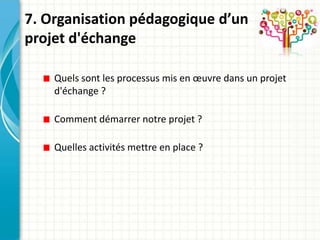 7. Organisation pédagogique d’un
projet d'échange

    Quels sont les processus mis en œuvre dans un projet
    d'échange ?

    Comment démarrer notre projet ?

    Quelles activités mettre en place ?
 
