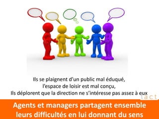 Agents et managers partagent ensemble
leurs difficultés en lui donnant du sens
Ils se plaignent d’un public mal éduqué,
l’espace de loisir est mal conçu,
Ils déplorent que la direction ne s’intéresse pas assez à eux
 