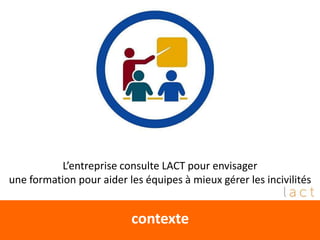 contexte
L’entreprise consulte LACT pour envisager
une formation pour aider les équipes à mieux gérer les incivilités
 