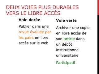 DEUX VOIES PLUS DURABLES
VERS LE LIBRE ACCÈS
Voie dorée
Publier dans une
revue évaluée par
les pairs en libre
accès sur le web
Voie verte
Archiver une copie
en libre accès de
son article dans
un dépôt
institutionnel
universitaire
Participatif
 