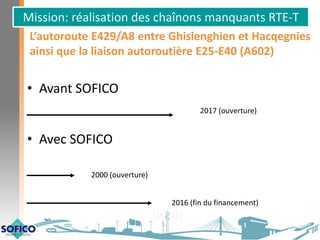 • Avant SOFICO
2017 (ouverture)
• Avec SOFICO
2000 (ouverture)
2016 (fin du financement)
Mission: réalisation des chaînons manquants RTE-T
L’autoroute E429/A8 entre Ghislenghien et Hacqegnies
ainsi que la liaison autoroutière E25-E40 (A602)
 