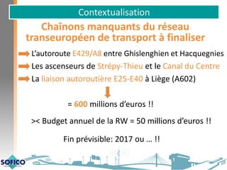 Contextualisation
L’autoroute E429/A8 entre Ghislenghien et Hacquegnies
Les ascenseurs de Strépy-Thieu et le Canal du Centre
La liaison autoroutière E25-E40 à Liège (A602)
= 600 millions d’euros !!
>< Budget annuel de la RW = 50 millions d’euros !!
Fin prévisible: 2017 ou … !!
Chaînons manquants du réseau
transeuropéen de transport à finaliser
 