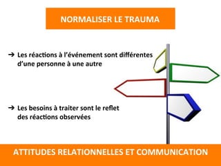  
	
  
	
  
	
  
➔  Les	
  réacTons	
  à	
  l’événement	
  sont	
  diﬀérentes	
  	
  
d’une	
  personne	
  à	
  une	
  autre	
  
	
  
	
  
	
  
	
  
➔  Les	
  besoins	
  à	
  traiter	
  sont	
  le	
  reﬂet	
  	
  
des	
  réacTons	
  observées	
  
	
  
	
  
	
  
ATTITUDES	
  RELATIONNELLES	
  ET	
  COMMUNICATION	
  
	
  
NORMALISER	
  LE	
  TRAUMA	
  
 