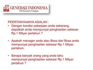 PEERTANYAANYA ADALAH :
• Dengan kondisi pekerjaan anda sekarang,
dapatkah anda mempunyai penghasilan sebesar
Rp.1 Milyar pertahun ?
• Apakah manager anda atau Boss dari Boss anda
mempunyai penghasilan sebesar Rp.1 Milyar
pertahun.
• Berapa banyak orang yang anda tahu
mempunyai penghasilan sebesar Rp.1 Milyar
pertahun ?
 