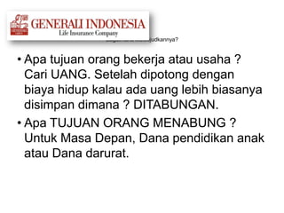 Bagaimana Mewujudkannya?
• Apa tujuan orang bekerja atau usaha ?
Cari UANG. Setelah dipotong dengan
biaya hidup kalau ada uang lebih biasanya
disimpan dimana ? DITABUNGAN.
• Apa TUJUAN ORANG MENABUNG ?
Untuk Masa Depan, Dana pendidikan anak
atau Dana darurat.
 