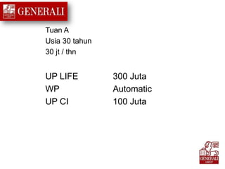 Tuan A
Usia 30 tahun
30 jt / thn
UP LIFE 300 Juta
WP Automatic
UP CI 100 Juta
 
