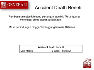Accident Death Benefit
Pembayaran sejumlah uang pertanggungan bila Tertanggung
meninggal dunia akibat kecelakaan.
Masa perlindungan hingga Tertanggung berusia 70 tahun
Accident Death Benefit
Usia Masuk 6 bulan – 65 tahun
 