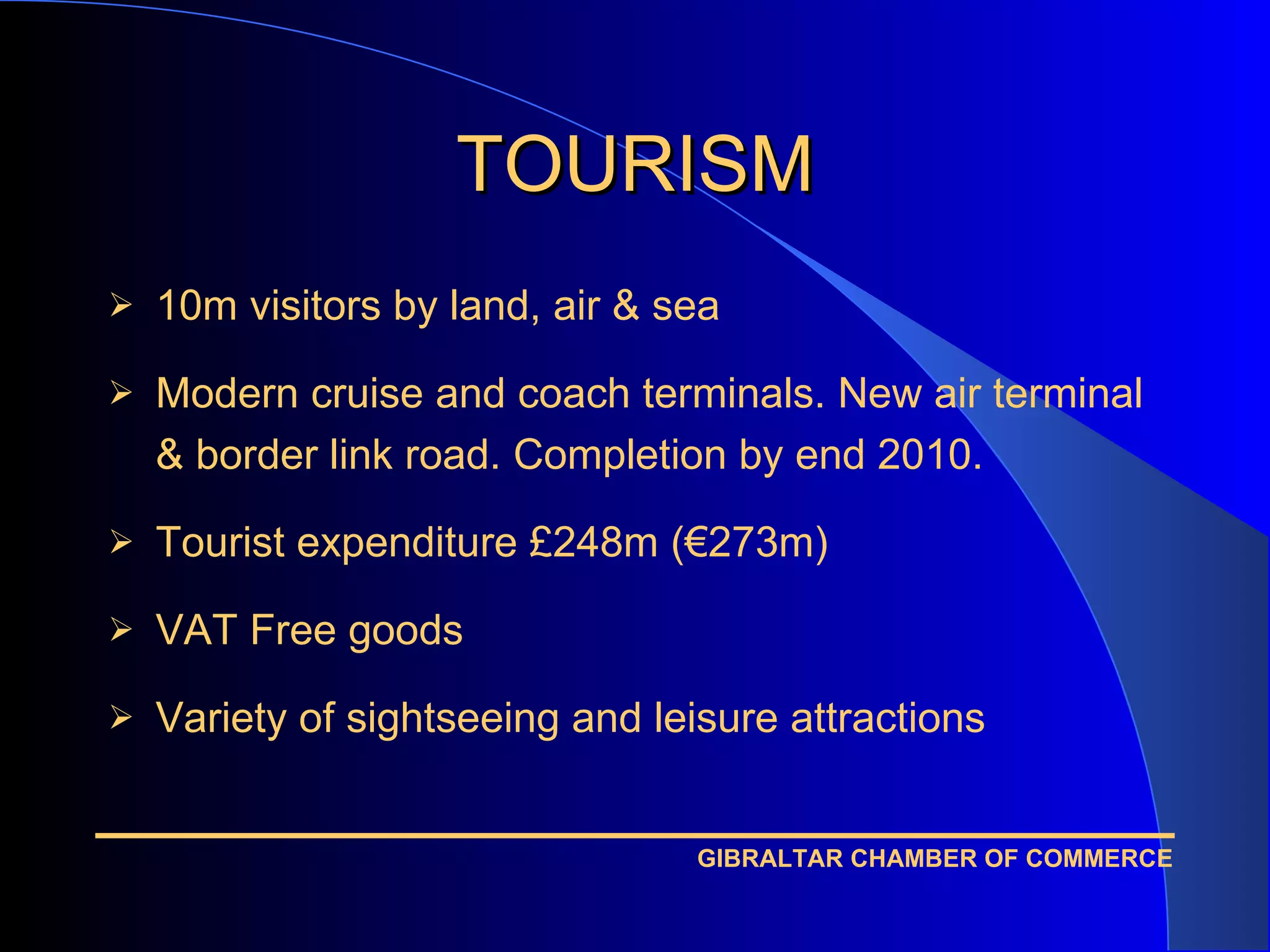 TOURISM 10m visitors by land, air & sea Modern cruise and coach terminals. New air terminal & border link road. Completion by end 2010. Tourist expenditure £248m (€273m) VAT Free goods Variety of sightseeing and leisure attractions 