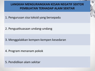 LANGKAH MENGURANGKAN KESAN NEGATIF SEKTOR
PEMBUATAN TERHADAP ALAM SEKITAR
1. Pengurusan sisa toksid yang bersepadu
2. Penguatkuasaan undang-undang
3. Menggalakkan kempen-kempen kesedaran
4. Program menanam pokok
5. Pendidikan alam sekitar
 
