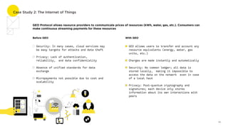 Case Study 2: The Internet of Things
Before GEO With GEO
Security: In many cases, cloud services may
be easy targets for attacks and data theft
Privacy: Lack of authentication,
reliability, and data confidentiality 
Absence of unified standards for data
exchange
Micropayments not possible due to cost and
scalability
GEO allows users to transfer and account any
resource equivalents (energy, water, gas
units, etc.)
Charges are made instantly and automatically
Security: No common ledger; all data is
stored locally, making it impossible to
access the data on the network even in case
of a local hack
Privacy: Post-quantum cryptography and
signatures; each device only stores
information about its own interactions with
peers
11
GEO Protocol allows resource providers to communicate prices of resources (kWh, water, gas, etc.). Consumers can
make continuous streaming payments for these resources
 