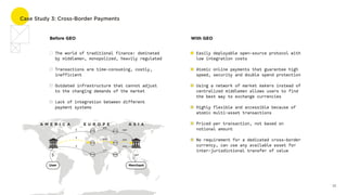 Case Study 3: Cross-Border Payments
With GEO
Easily deployable open-source protocol with
low integration costs
Atomic online payments that guarantee high
speed, security and double spend protection
Using a network of market makers instead of
centralized middlemen allows users to find
the best way to exchange currencies
Highly flexible and accessible because of
atomic multi-asset transactions
Priced per transaction, not based on
notional amount
No requirement for a dedicated cross-border
currency, can use any available asset for
inter-jurisdictional transfer of value
12
Before GEO
The world of traditional finance: dominated
by middlemen, monopolized, heavily regulated
Transactions are time-consuming, costly,
inefficient
Outdated infrastructure that cannot adjust
to the changing demands of the market
Lack of integration between different
payment systems
A M E R I C A E U R O P E A S I A
User Merchant
MM
BTC
ETH
LTC
CNY
CNY
CNY
CNYMM
MM
MM
MM MM
 