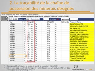 24
2. La traçabilité de la chaîne de
possession des minerais désignés
 Il est possible d’ajouter le poids de sac à la réception (Weight R)
 S’il y a un sac non livré, le logiciel va l’indiquer par un statut différent des
autres (par exemple le tag 100247)
 
