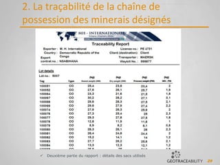 29
2. La traçabilité de la chaîne de
possession des minerais désignés
 Deuxième partie du rapport : détails des sacs utilisés
 