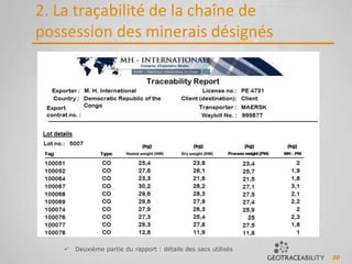 30
2. La traçabilité de la chaîne de
possession des minerais désignés
 Deuxième partie du rapport : détails des sacs utilisés
 