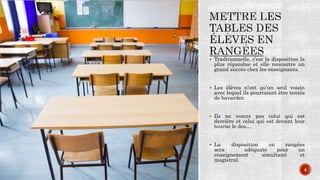  Traditionnelle, c’est la disposition la
plus répandue et elle rencontre un
grand succès chez les enseignants.
 Les élèves n’ont qu’un seul voisin
avec lequel ils pourraient être tentés
de bavarder.
 Ils ne voient pas celui qui est
derrière et celui qui est devant leur
tourne le dos…
 La disposition en rangées
sera adéquate pour un
enseignement simultané et
magistral.
4
 