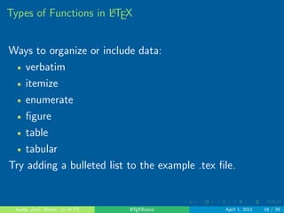 . . . . . . 
LATEX Document Structure 
Begin your document using the following command: 
ndocumentstyle[options]fclassg 
where options include such speci 