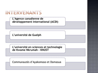 L’Agence canadienne de
développement international (ACDI)



L’université de Guelph



L’université en sciences et technologie
de Kwame Nkrumah – KNUST



Communautés d’Ayakomaso et Damasua
 