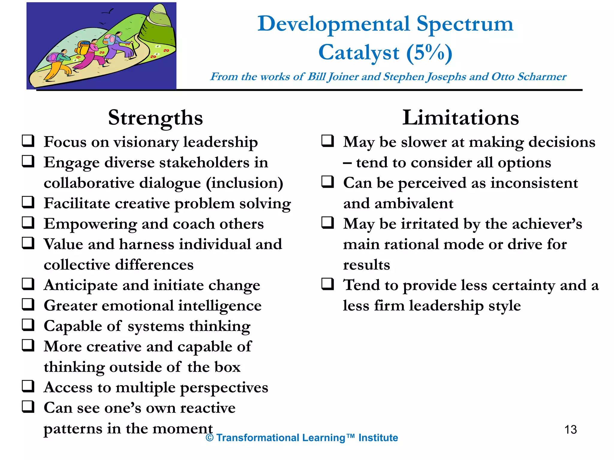13
Developmental Spectrum
Catalyst (5%)
From the works of Bill Joiner and Stephen Josephs and Otto Scharmer
© Transformational Learning™ Institute
Strengths
 Focus on visionary leadership
 Engage diverse stakeholders in
collaborative dialogue (inclusion)
 Facilitate creative problem solving
 Empowering and coach others
 Value and harness individual and
collective differences
 Anticipate and initiate change
 Greater emotional intelligence
 Capable of systems thinking
 More creative and capable of
thinking outside of the box
 Access to multiple perspectives
 Can see one’s own reactive
patterns in the moment
Limitations
 May be slower at making decisions
– tend to consider all options
 Can be perceived as inconsistent
and ambivalent
 May be irritated by the achiever’s
main rational mode or drive for
results
 Tend to provide less certainty and a
less firm leadership style
 