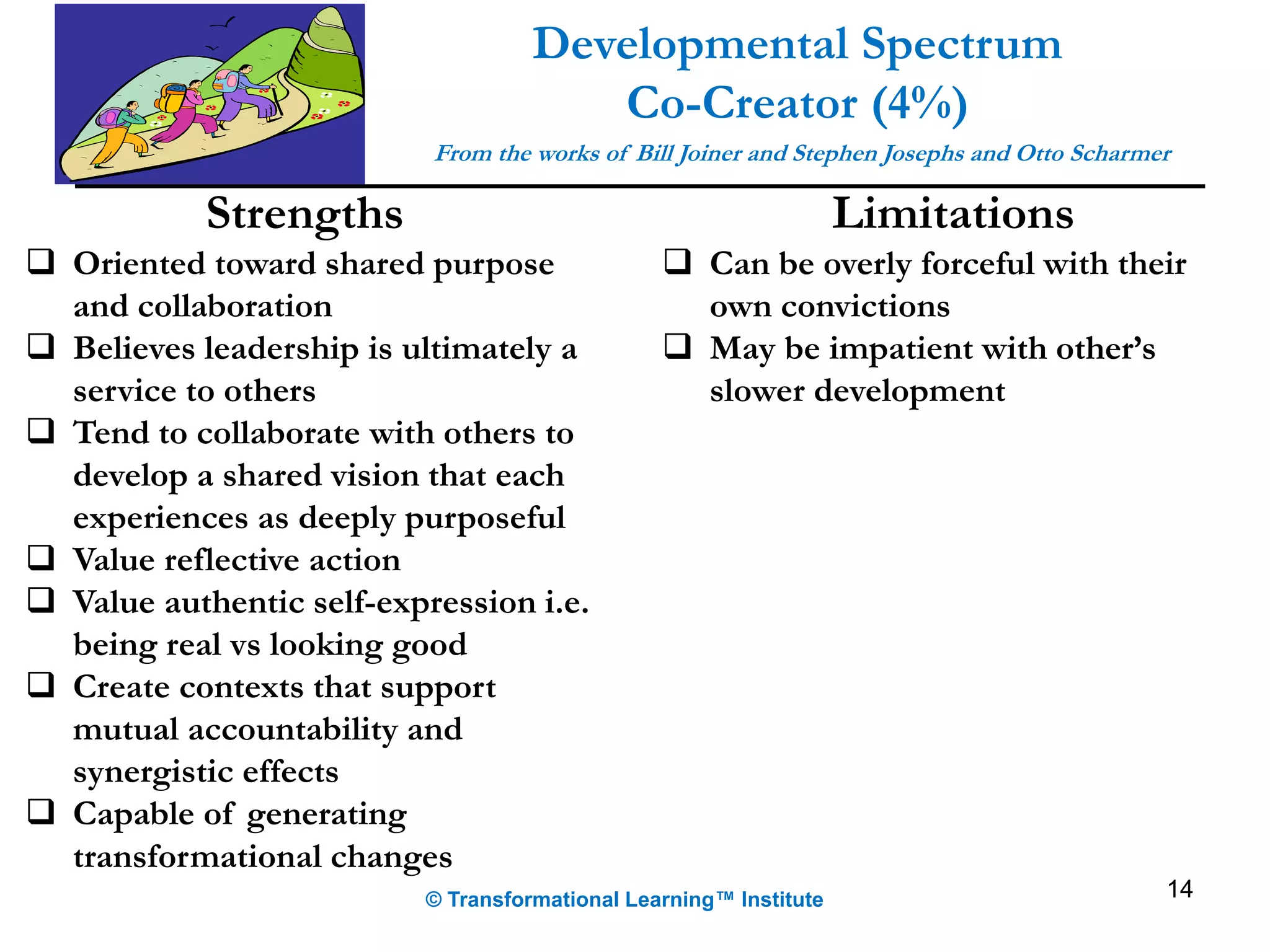 14
Developmental Spectrum
Co-Creator (4%)
From the works of Bill Joiner and Stephen Josephs and Otto Scharmer
© Transformational Learning™ Institute
Strengths
 Oriented toward shared purpose
and collaboration
 Believes leadership is ultimately a
service to others
 Tend to collaborate with others to
develop a shared vision that each
experiences as deeply purposeful
 Value reflective action
 Value authentic self-expression i.e.
being real vs looking good
 Create contexts that support
mutual accountability and
synergistic effects
 Capable of generating
transformational changes
Limitations
 Can be overly forceful with their
own convictions
 May be impatient with other’s
slower development
 