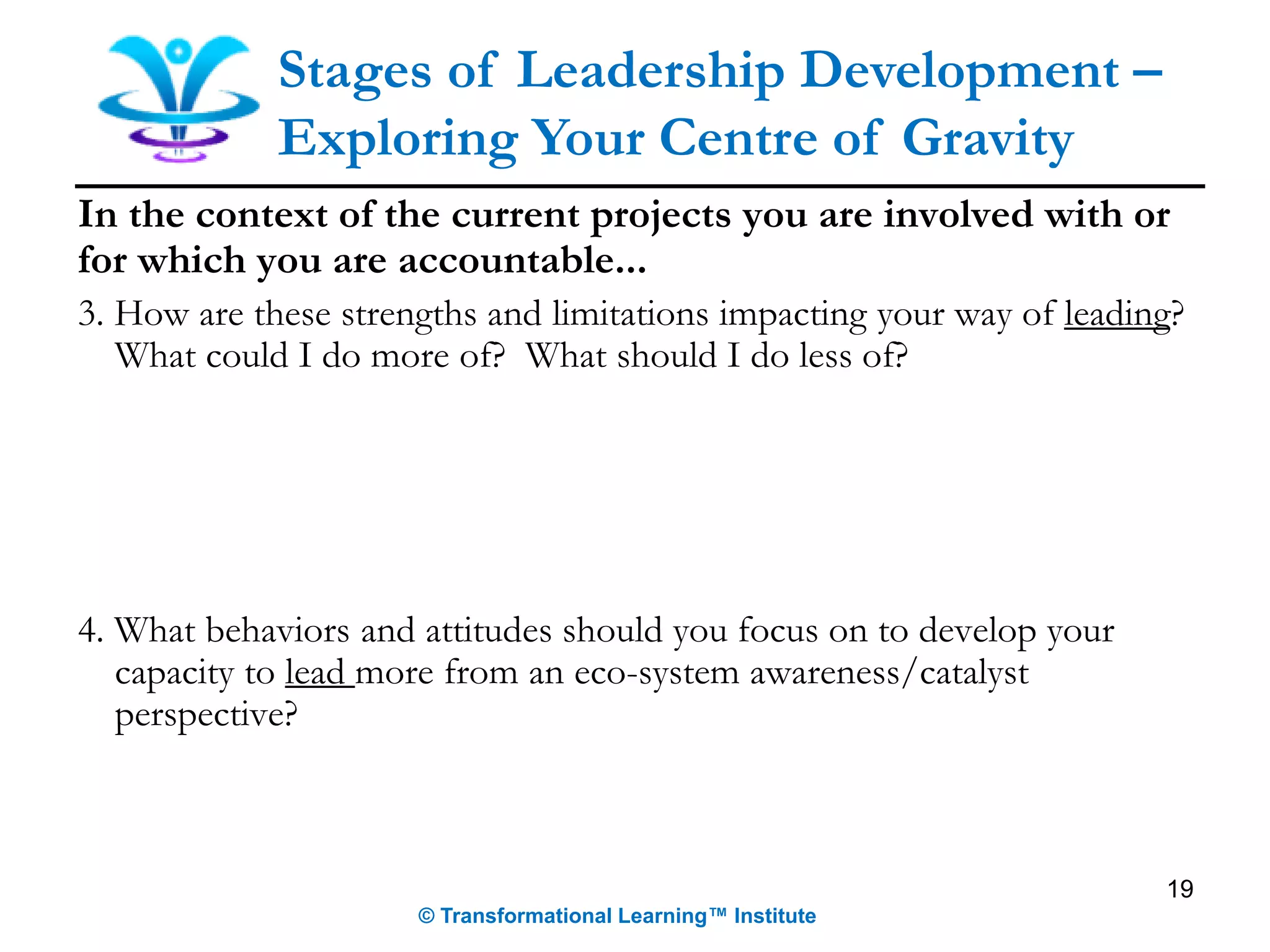 19
Stages of Leadership Development –
Exploring Your Centre of Gravity
In the context of the current projects you are involved with or
for which you are accountable...
3. How are these strengths and limitations impacting your way of leading?
What could I do more of? What should I do less of?
4. What behaviors and attitudes should you focus on to develop your
capacity to lead more from an eco-system awareness/catalyst
perspective?
© Transformational Learning™ Institute
 