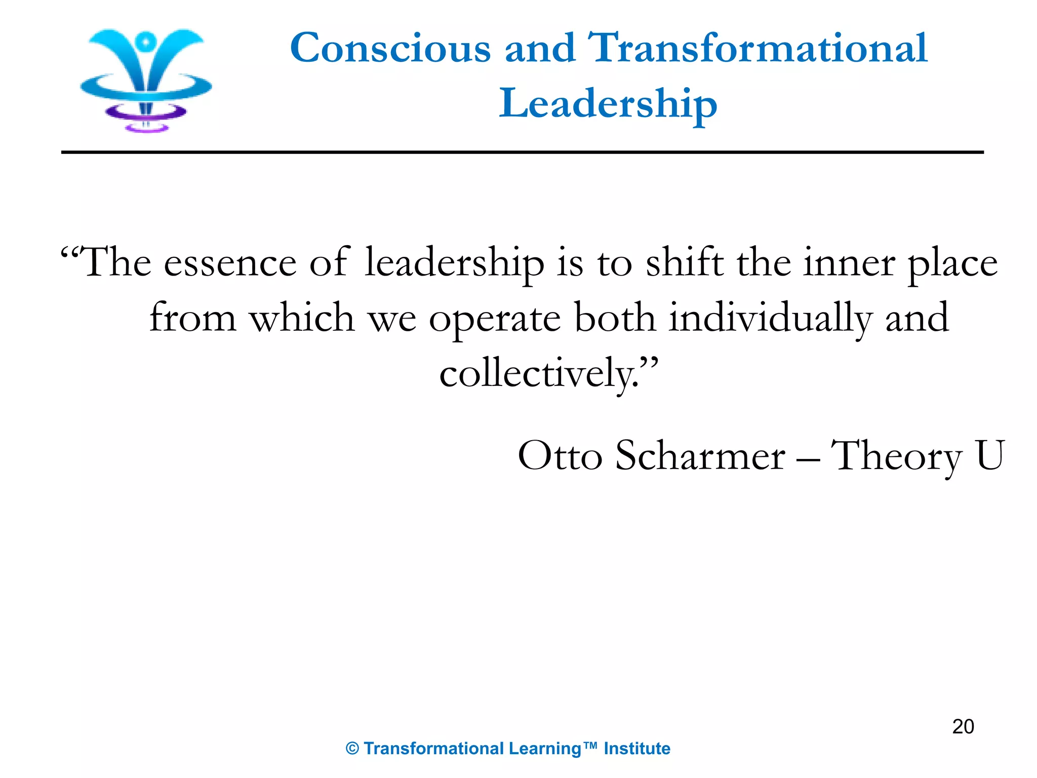 20
Conscious and Transformational
Leadership
© Transformational Learning™ Institute
“The essence of leadership is to shift the inner place
from which we operate both individually and
collectively.”
Otto Scharmer – Theory U
 