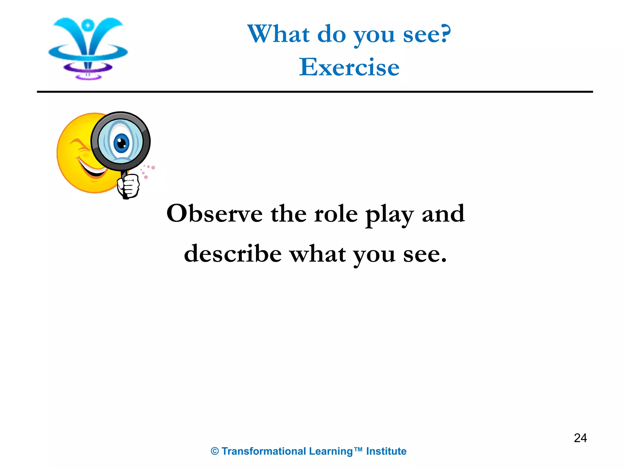 Observe the role play and
describe what you see.
24
What do you see?
Exercise
© Transformational Learning™ Institute
 