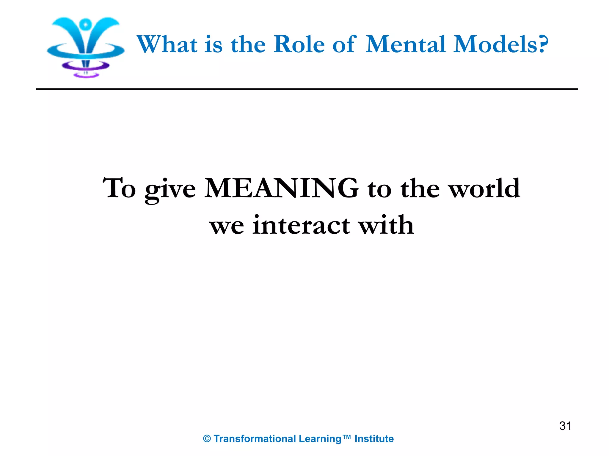 31
What is the Role of Mental Models?
© Transformational Learning™ Institute
To give MEANING to the world
we interact with
 