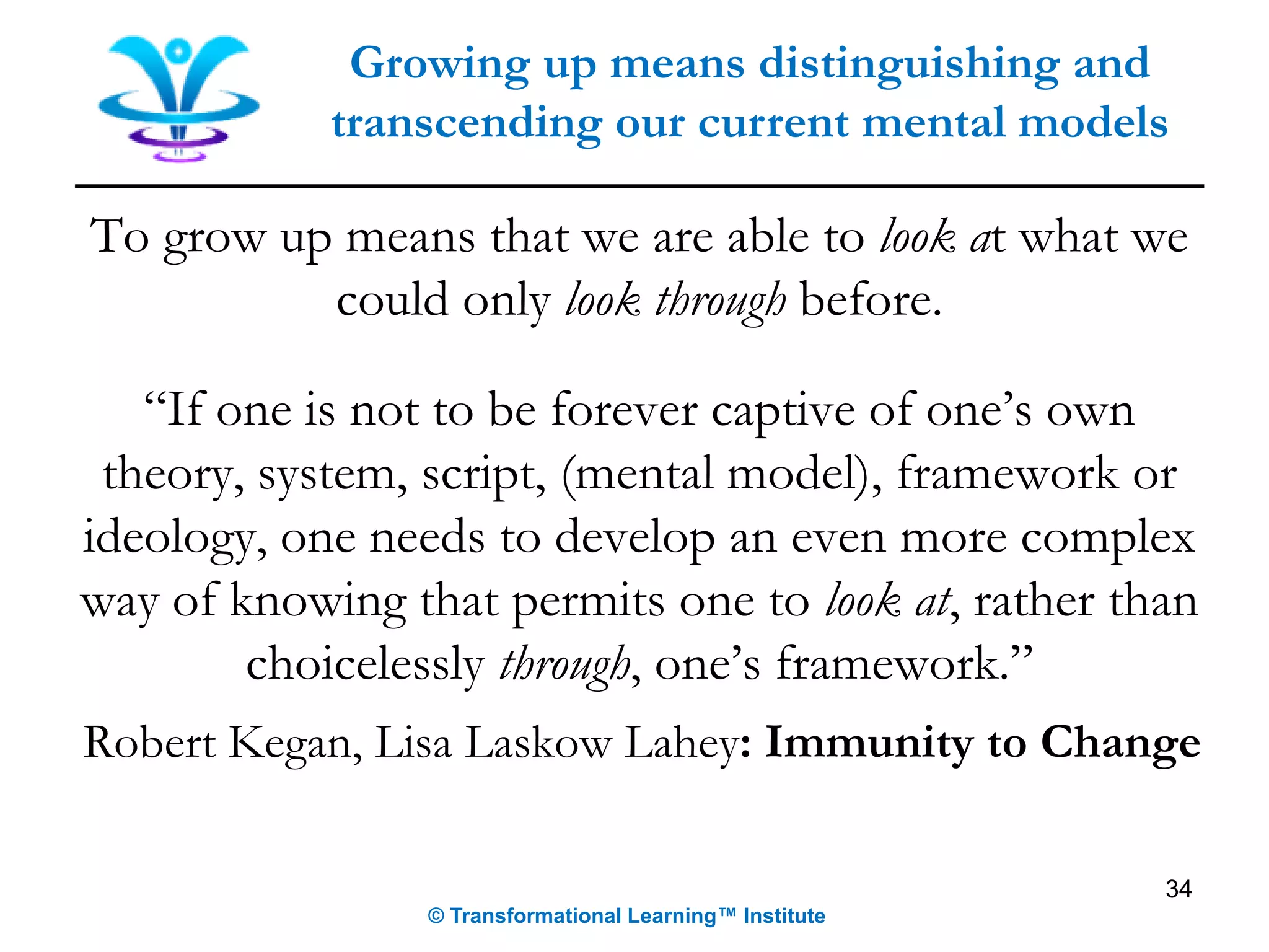 To grow up means that we are able to look at what we
could only look through before.
“If one is not to be forever captive of one’s own
theory, system, script, (mental model), framework or
ideology, one needs to develop an even more complex
way of knowing that permits one to look at, rather than
choicelessly through, one’s framework.”
Robert Kegan, Lisa Laskow Lahey: Immunity to Change
Growing up means distinguishing and
transcending our current mental models
© Transformational Learning™ Institute
34
 