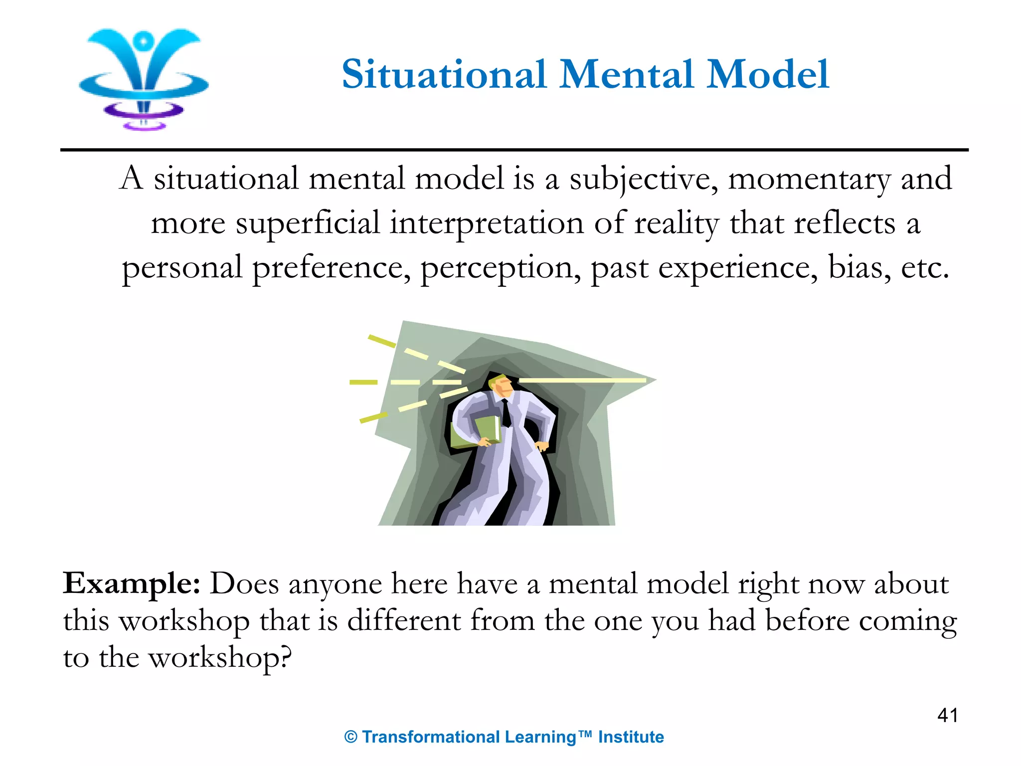 A situational mental model is a subjective, momentary and
more superficial interpretation of reality that reflects a
personal preference, perception, past experience, bias, etc.
Example: Does anyone here have a mental model right now about
this workshop that is different from the one you had before coming
to the workshop?
41
Situational Mental Model
© Transformational Learning™ Institute
 