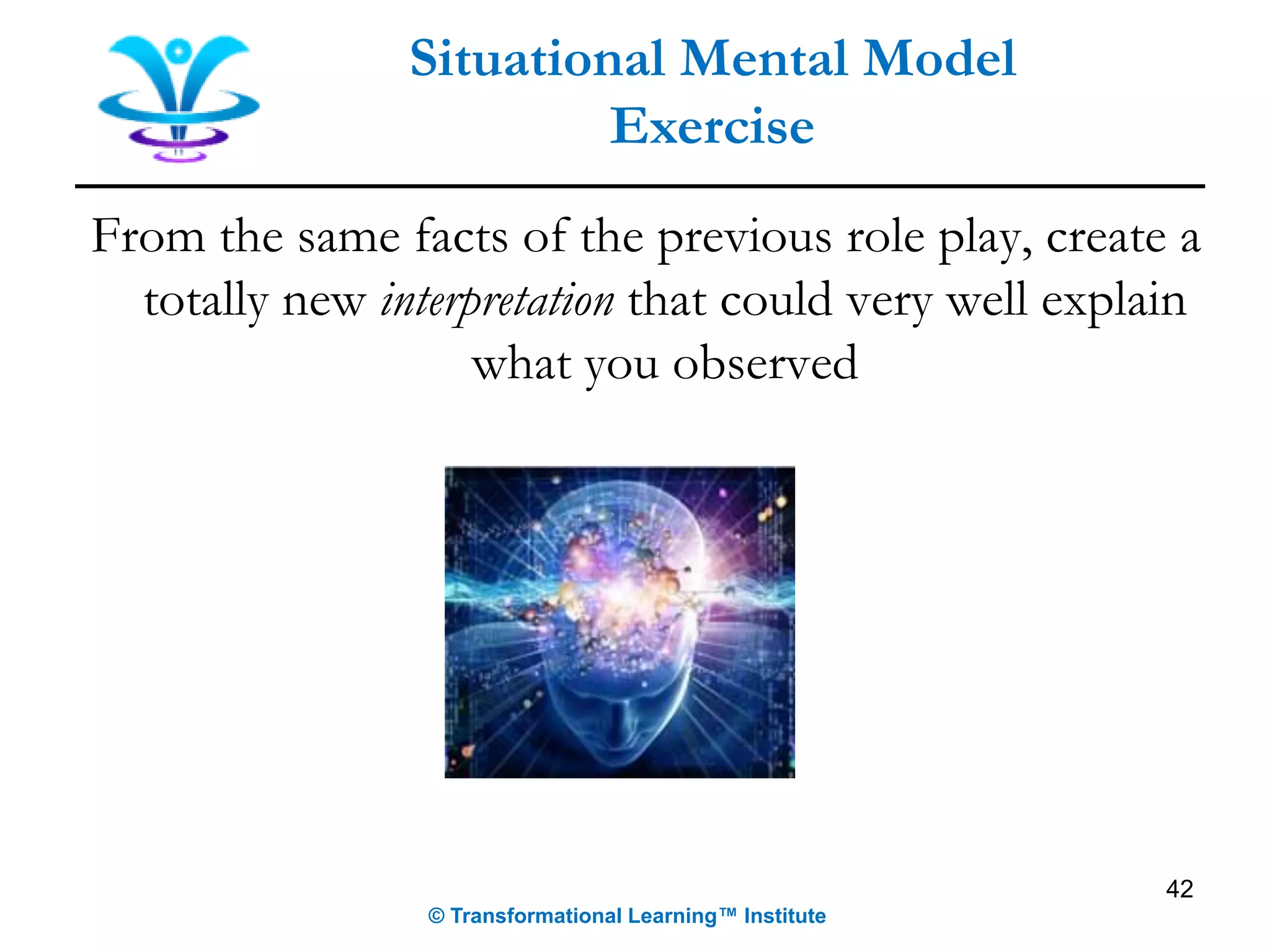 From the same facts of the previous role play, create a
totally new interpretation that could very well explain
what you observed
42
Situational Mental Model
Exercise
© Transformational Learning™ Institute
 