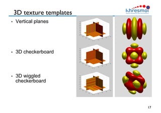 3D texture templates
17
•  Vertical planes
•  3D checkerboard
•  3D wiggled
checkerboard
 