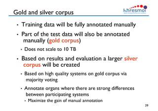 Gold and silver corpus
•  Training data will be fully annotated manually
•  Part of the test data will also be annotated
manually (gold corpus)
•  Does not scale to 10 TB
•  Based on results and evaluation a larger silver
corpus will be created
•  Based on high quality systems on gold corpus via
majority voting
•  Annotate organs where there are strong differences
between participating systems
•  Maximize the gain of manual annotation
39
 