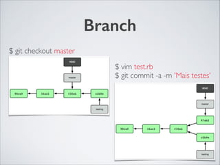 Branch
$ git checkout master
$ vim test.rb	

$ git commit -a -m 'Mais testes'
 