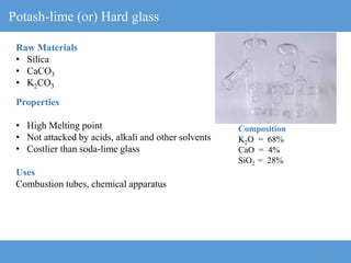 14
Potash-lime (or) Hard glass
Raw Materials
• Silica
• CaCO3
• K2CO3
Properties
• High Melting point
• Not attacked by acids, alkali and other solvents
• Costlier than soda-lime glass
Uses
Combustion tubes, chemical apparatus
Composition
K2O = 68%
CaO = 4%
SiO2 = 28%
 