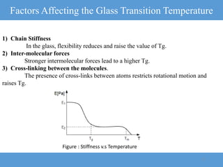 Factors Affecting the Glass Transition Temperature
23
1) Chain Stiffness
In the glass, flexibility reduces and raise the value of Tg.
2) Inter-molecular forces
Stronger intermolecular forces lead to a higher Tg.
3) Cross-linking between the molecules.
The presence of cross-links between atoms restricts rotational motion and
raises Tg.
Figure : Stiffness v.s Temperature
 