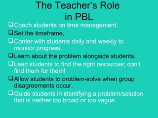 The Teacher’s Role
                in PBL
 Coach students on time management.
 Set the timeframe,
 Confer with students daily and weekly to
  monitor progress.
 Learn about the problem alongside students.
 Lead students to find the right resources; don’t
  find them for them!
 Allow students to problem-solve when group
  disagreements occur.
 Guide students in identifying a problem/solution
  that is neither too broad or too vague.
 