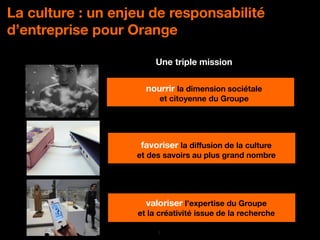 2
La culture : un enjeu de responsabilité
d’entreprise pour Orange
valoriser l’expertise du Groupe
et la créativité issue de la recherche
favoriser la diffusion de la culture
et des savoirs au plus grand nombre
nourrir la dimension sociétale
et citoyenne du Groupe
Une triple mission
( source : étude EY 2016)
 