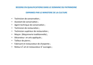  
 
BESOINS EN QUALIFICATIONS DANS LE DOMAINE DU PATRIMOINE 
EXPRIMES PAR LE MINISTERE DE LA CULTURE 
 •  Technicien de conservaKon ; 
•  Assistant de conservaKon ; 
•  Agent technique de conservaKon ;   
•  Technicien de restauraKon ; 
•  Technicien supérieur de restauraKon ; 
•  Maçon  (Maçonnerie tradiKonnelle) ; 
•  Décorateur  en arts appliqués ; 
•  Tailleur de pierre ; 
•  Fabricant et restaurateur de charpente ; 
•  Relieur d art et restaurateur d ouvrages ; 
 