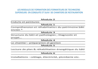 LES MODULES DE FORMATION DES FORMATEURS DE TECHNICENS 
SUPERIEURS  EN CONDUITE ET SUIVI  DE CHANTIERS DE RESTAURATION 
 