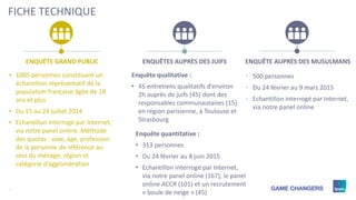 2
FICHE TECHNIQUE
ENQUÊTE AUPRÈS DES MUSULMANS
• 500 personnes
• Du 24 février au 9 mars 2015
• Echantillon interrogé par ...