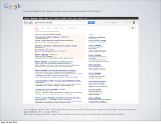 Comment retenir les Cerveaux dans leur recherche d’emploi à l’étranger ?
Lors de leurs recherches via Google Search, les mots clefs relatifs aux emplois à l’étranger font directement
apparaitre le site Google Works.
Les internautes sont alors invités à se rendre sur le site pour connaitre les modalités d’inscription.
jeudi 15 août 2013
 