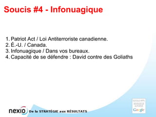 Soucis #4 - Infonuagique


1. Patriot Act / Loi Antiterroriste canadienne.
2. É.-U. / Canada.
3. Infonuagique / Dans vos bureaux.
4. Capacité de se défendre : David contre des Goliaths
 