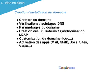 4. Mise en place

         Création / installation du domaine

            Création du domaine
            Vérifications / pointages DNS
            Paramétrages du domaine
            Création des utilisateurs / synchronisation
            LDAP
            Customization du domaine (logo...)
            Activation des apps (Mail, Gtalk, Docs, Sites,
            Vidéo...)
 
