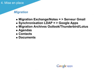4. Mise en place

         Migration

            Migration Exchange/Notes = > Serveur Gmail
            Synchronisation LDAP = > Google Apps
            Migration Archives Outlook/Thunderbird/Lotus
            Agendas
            Contacts
            Documents
 