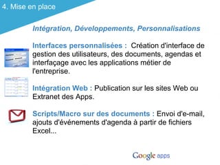 4. Mise en place

         Intégration, Développements, Personnalisations

         Interfaces personnalisées : Création d'interface de
         gestion des utilisateurs, des documents, agendas et
         interfaçage avec les applications métier de
         l'entreprise.

         Intégration Web : Publication sur les sites Web ou
         Extranet des Apps.

         Scripts/Macro sur des documents : Envoi d'e-mail,
         ajouts d'événements d'agenda à partir de fichiers
         Excel...
 